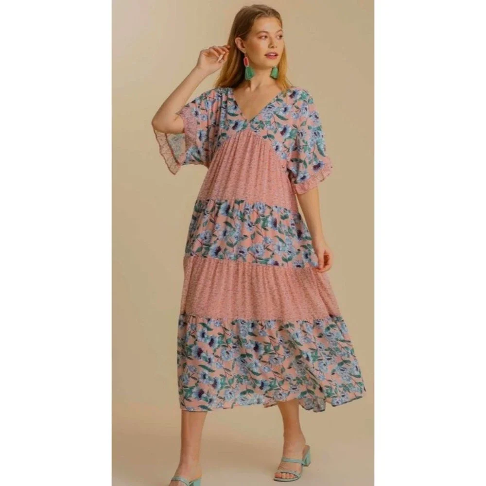 New UMGEE Small Pastel Floral Ruffle Sleeve V-Neck Maxi Dress Back Tie Dress - Picture 1 of 4